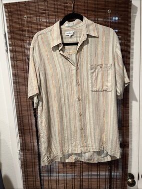 Christopher & Banks Men's Short-Sleeve Button-Up Shirt in green and Tan Stripes